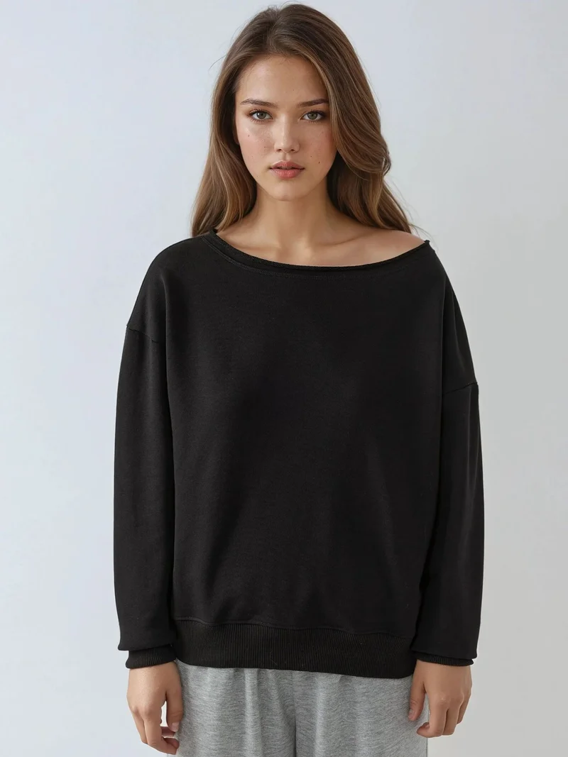 HICCUP Black Boat Neck Relaxed Fit Sweatshirt for Women | Best Price UAE