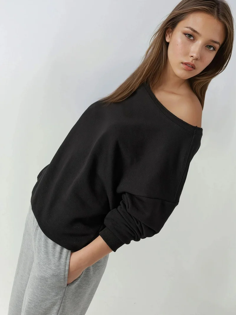HICCUP Black Boat Neck Relaxed Fit Sweatshirt for Women | Best Price UAE