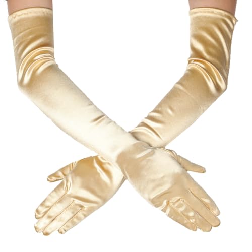 DreamHigh Women's Party Wedding 21" Long Satin Finger Gloves Gold - Image 1