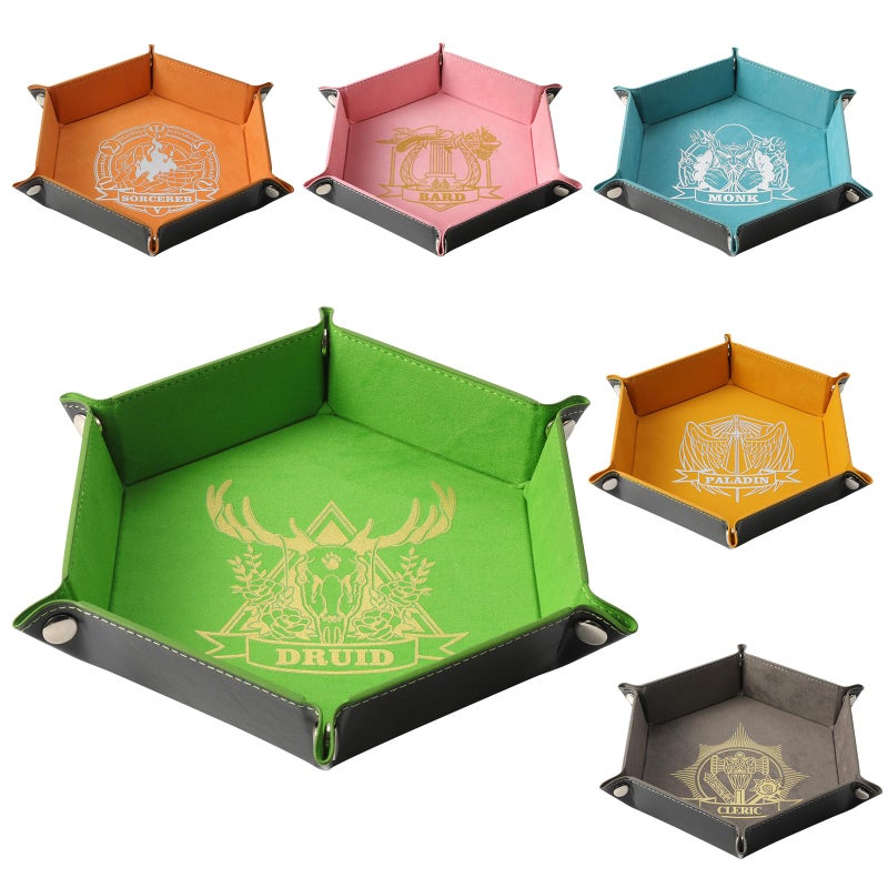 Grajar 6 Pcs DND Dice Tray with Characters Pattern for RPG DD Table Games Folding PU Leather and Velvet Rolling Holder Storage Box - Image 2