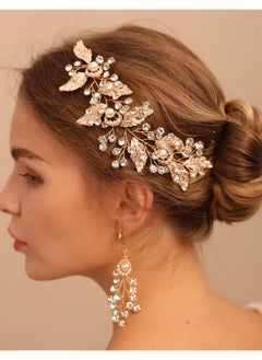 BERYUAN Bridal Pearl Rhinestone Headband Earring Set Champagne Leaf Wedding Hair Accessories For Brides Ctystal Rhinestone Gold Leaf Hair Vine Earring Set For Wedding Women And Girls  - Image 1