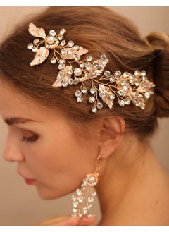 BERYUAN Bridal Pearl Rhinestone Headband Earring Set Champagne Leaf Wedding Hair Accessories For Brides Ctystal Rhinestone Gold Leaf Hair Vine Earring Set For Wedding Women And Girls  - Image 4