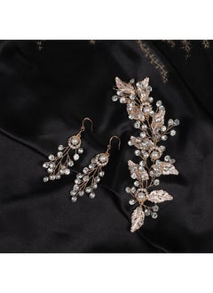 BERYUAN Bridal Pearl Rhinestone Headband Earring Set Champagne Leaf Wedding Hair Accessories For Brides Ctystal Rhinestone Gold Leaf Hair Vine Earring Set For Wedding Women And Girls  - Image 2