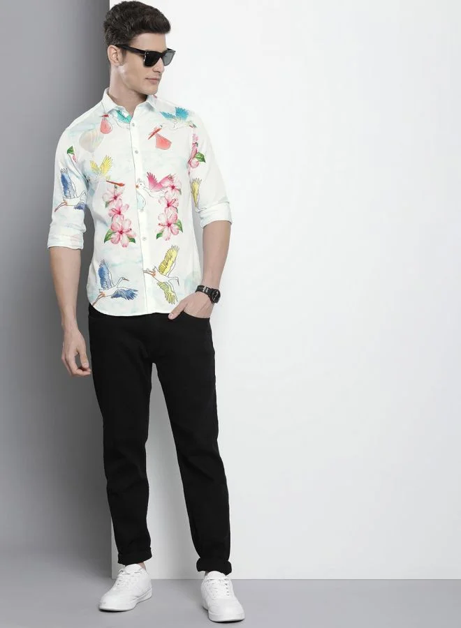 ذا انديان كراج كو Men Slim Fit Floral Printed Full Sleeves Cutaway Collar Party Wear Shirt