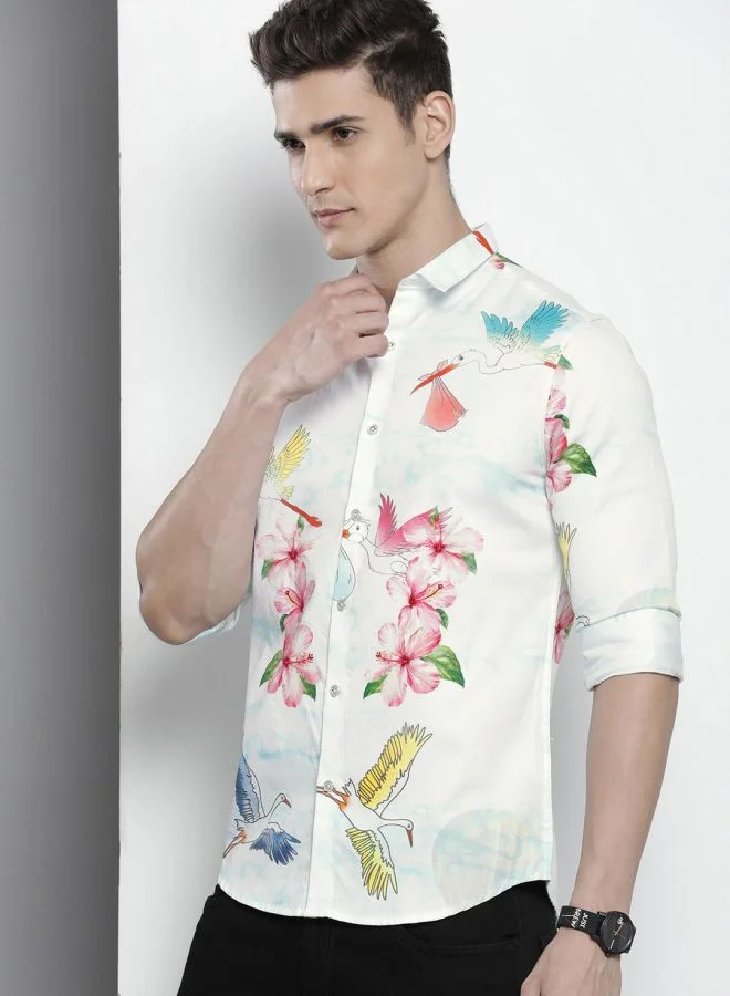 ذا انديان كراج كو Men Slim Fit Floral Printed Full Sleeves Cutaway Collar Party Wear Shirt