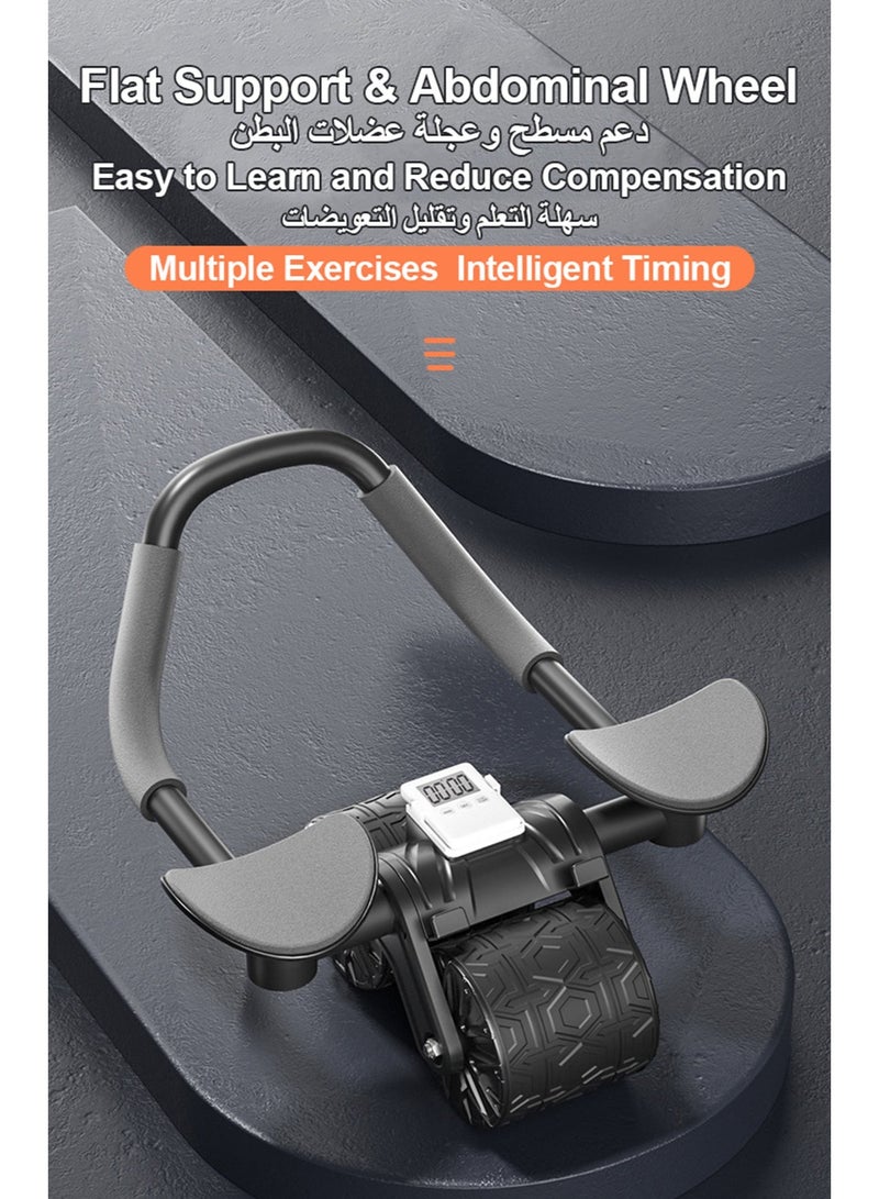 عام عجلة البطن بدعم المرفق ومؤقت ذكي - عجل مزدوج للبطن 12 سم للياقة في المنزل | نظام ارتداد آلي لممارسة سلسة | يحتوي على محمل هاتف للتوافق | تصميم أسود بمقبضات مطبوعة حب هندسة الجسم - Image 2