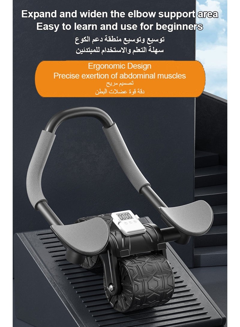 عام عجلة البطن بدعم المرفق ومؤقت ذكي - عجل مزدوج للبطن 12 سم للياقة في المنزل | نظام ارتداد آلي لممارسة سلسة | يحتوي على محمل هاتف للتوافق | تصميم أسود بمقبضات مطبوعة حب هندسة الجسم - Image 3