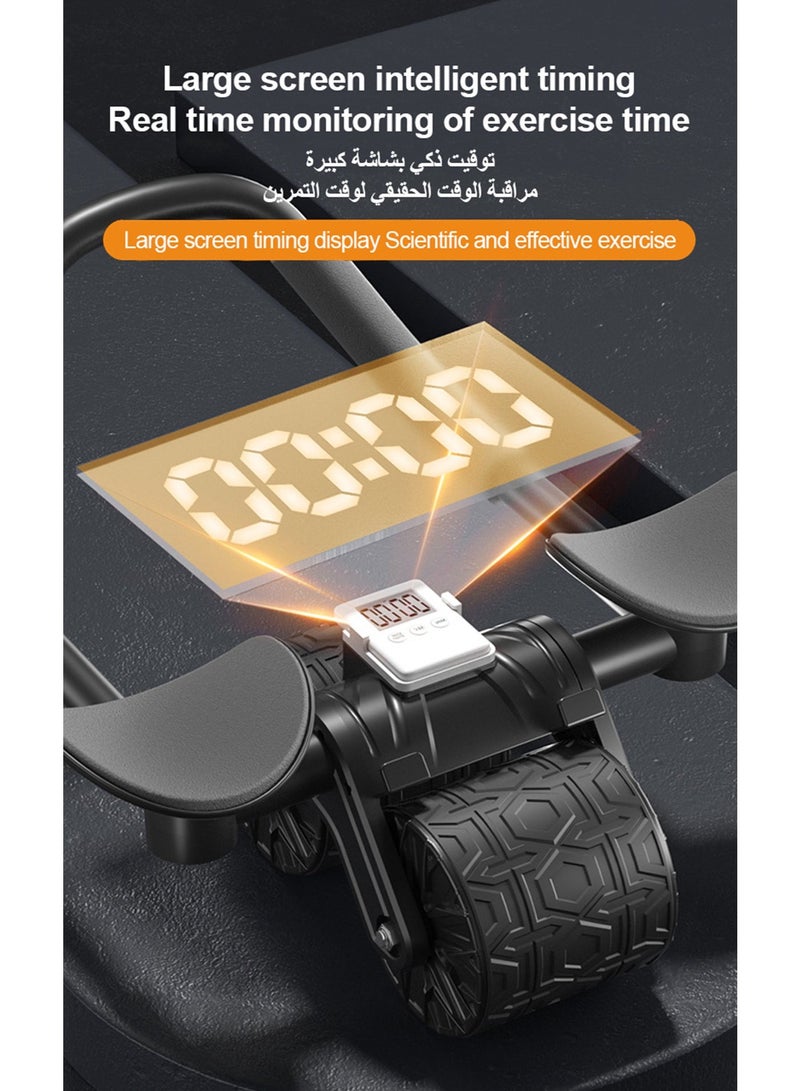عام عجلة البطن بدعم المرفق ومؤقت ذكي - عجل مزدوج للبطن 12 سم للياقة في المنزل | نظام ارتداد آلي لممارسة سلسة | يحتوي على محمل هاتف للتوافق | تصميم أسود بمقبضات مطبوعة حب هندسة الجسم - Image 4