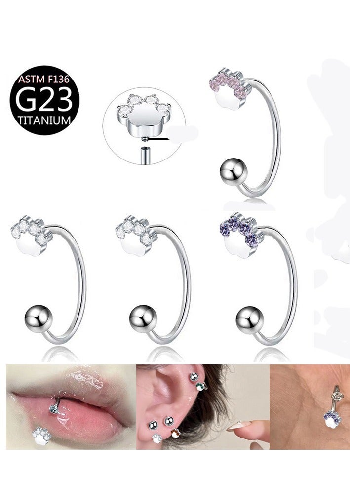 إينوشا مجموعة مجوهرات التيتانيوم المقاوم للحساسية: خاتم أنف و أقراط و خاتم شفاه على شكل حذوة فرس و كف القط المرصع بالماس - Image 3