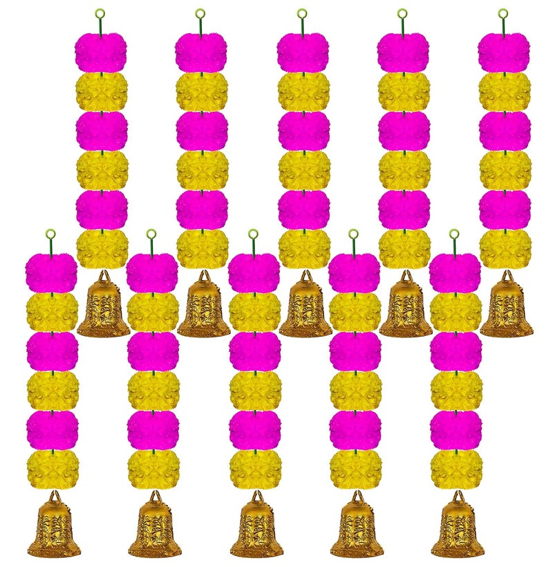 iHandikart iHandikart Marigold Garland Artificial Super Mini 6 Genda Fool with Bell in The Bottom Used for Diwali DecorationDiwali GiftHome Decoration Color Yellow Pink Pack of 10 3360310  - Image 1
