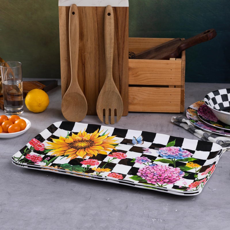 LEHAHA Rectangular Melamine Sunflower Serving Tray, 2-Piece Hydrangea Serving Platter Set, 17.5" x 10" Colorful Trays/Platters Sets for Outdoor and Indoor Dining and Entertaining Parties,Black Plaid - Image 5