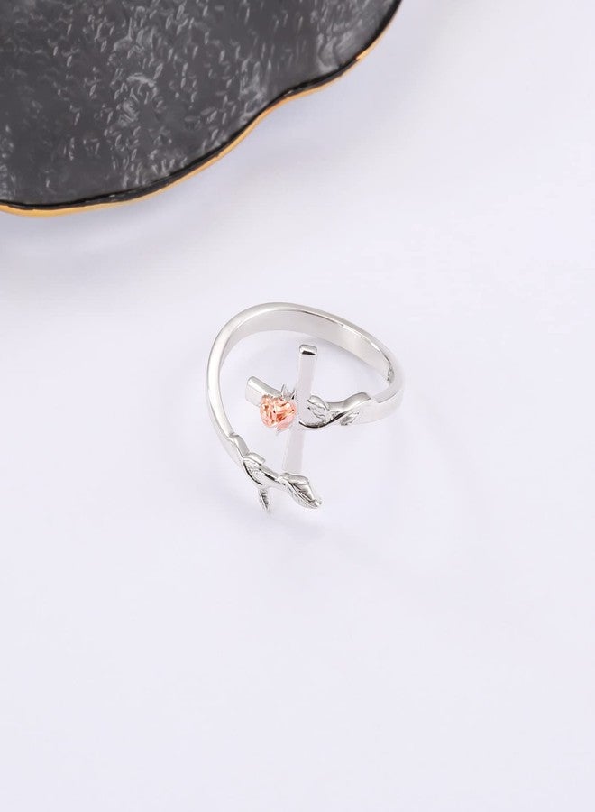 APOTIE Silver Rose Cross Ring for Women - Christian Purity Rings Pray Through It Cross Jesus Jewelry for Her Women - Image 4