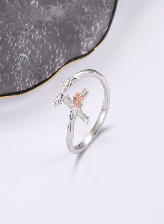 APOTIE Silver Rose Cross Ring for Women - Christian Purity Rings Pray Through It Cross Jesus Jewelry for Her Women - Image 3