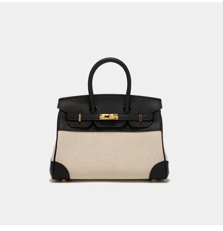 Contrast Color Platinum Bag High-Class Commuting Handbag Women'S Canvas Leather Large-Capacity Tote Bag
