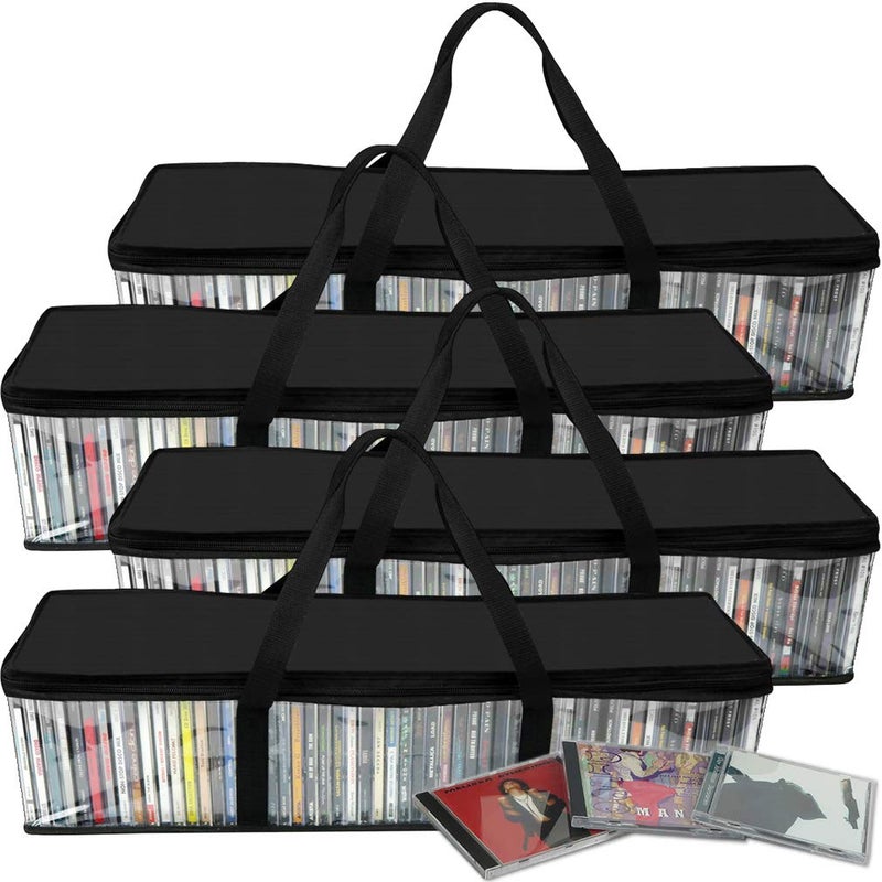 Evelots CD Storage Bags 4 Pack Clear PVC Plastic Media Carrying Case with Zipper  Holds 200 CDs Total  Strong Handles  Protects CDs Video Games Music from Dirt  Moisture