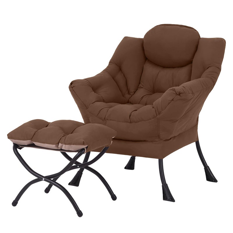 Welnow Lazy Chair with Ottoman, Modern Lounge Accent Armchair with Armrests and a Side Pocket, Leisure Sofa Armchair Set, Reading Chair with Footrest for Small Space, Dark Brown - Image 1