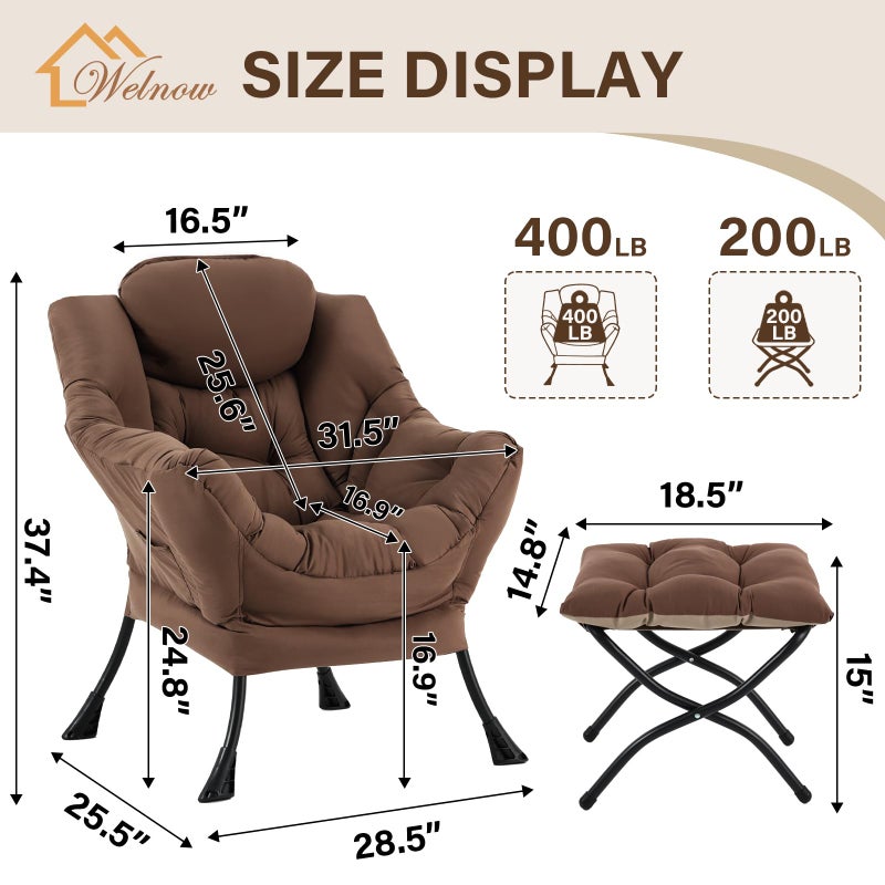 Welnow Lazy Chair with Ottoman, Modern Lounge Accent Armchair with Armrests and a Side Pocket, Leisure Sofa Armchair Set, Reading Chair with Footrest for Small Space, Dark Brown - Image 2