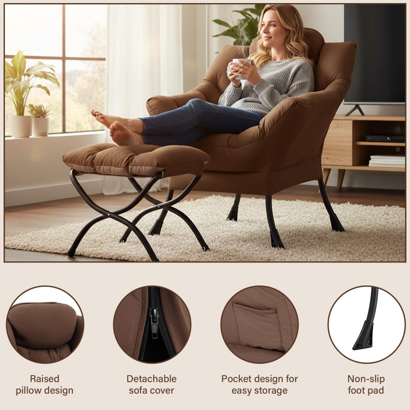 Welnow Lazy Chair with Ottoman, Modern Lounge Accent Armchair with Armrests and a Side Pocket, Leisure Sofa Armchair Set, Reading Chair with Footrest for Small Space, Dark Brown - Image 3