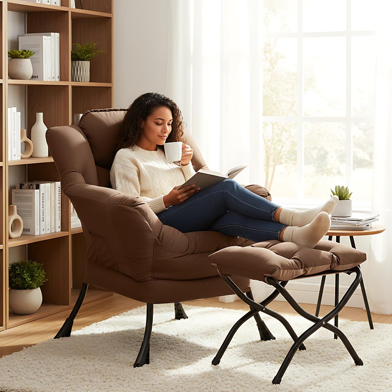 Welnow Lazy Chair with Ottoman, Modern Lounge Accent Armchair with Armrests and a Side Pocket, Leisure Sofa Armchair Set, Reading Chair with Footrest for Small Space, Dark Brown - Image 5