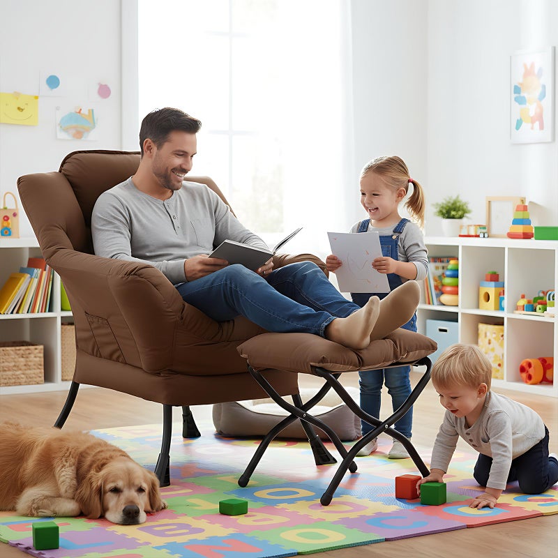 Welnow Lazy Chair with Ottoman, Modern Lounge Accent Armchair with Armrests and a Side Pocket, Leisure Sofa Armchair Set, Reading Chair with Footrest for Small Space, Dark Brown - Image 4