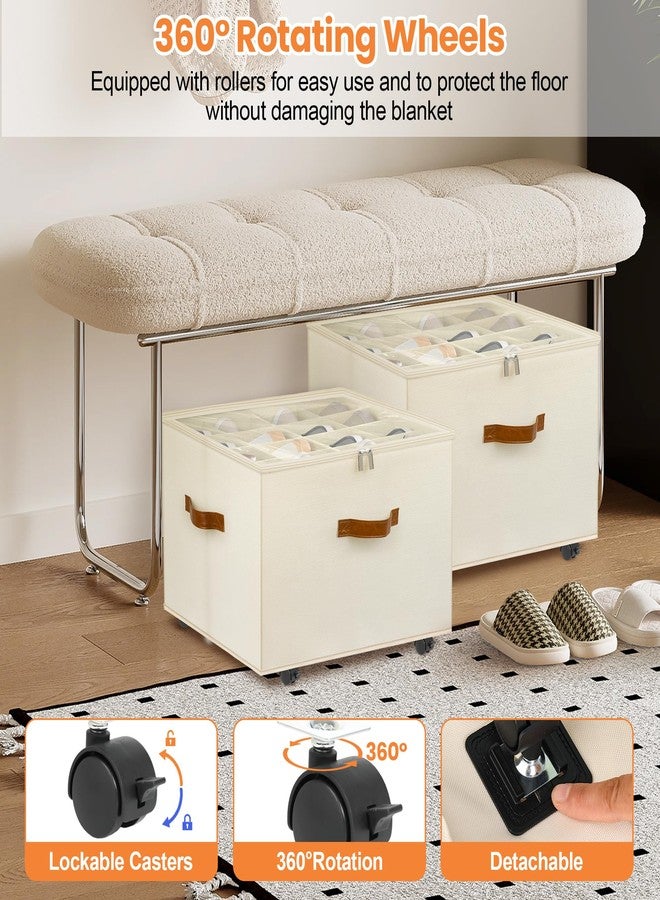 Foyego Shoe Organizer for Closet, 2 Pack Shoe Storage Organizer with Wheels and Adjustable Dividers, Stackable Shoe Storage Box with Clear Cover, Foldable Closet Shoe Organizer Fits up to 16-32 Pairs, Beige - Image 3