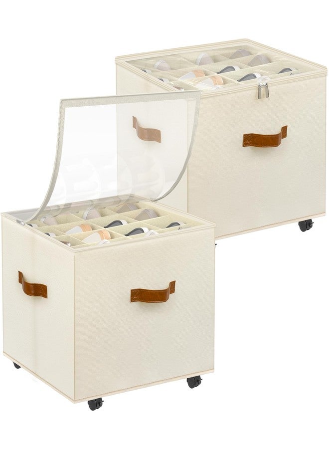 Foyego Shoe Organizer for Closet, 2 Pack Shoe Storage Organizer with Wheels and Adjustable Dividers, Stackable Shoe Storage Box with Clear Cover, Foldable Closet Shoe Organizer Fits up to 16-32 Pairs, Beige - Image 1