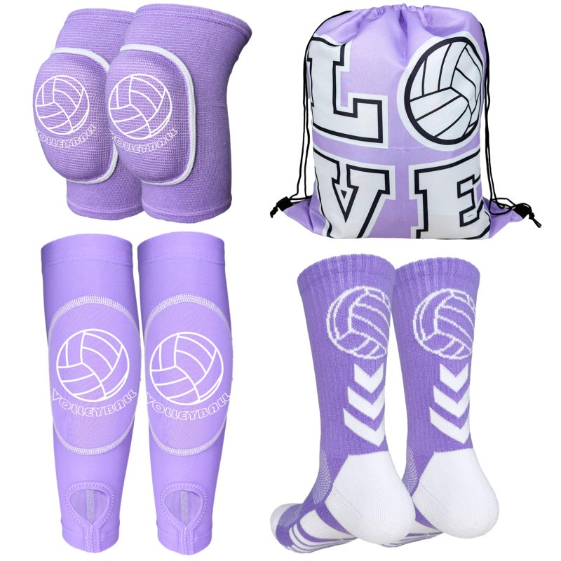 Popuid Youth Volleyball Gears Knee Pads Arm Sleeves Socks Drawstring Bag for Youth Teen Girls VolleyBall Training and Games Purple Small - Image 2