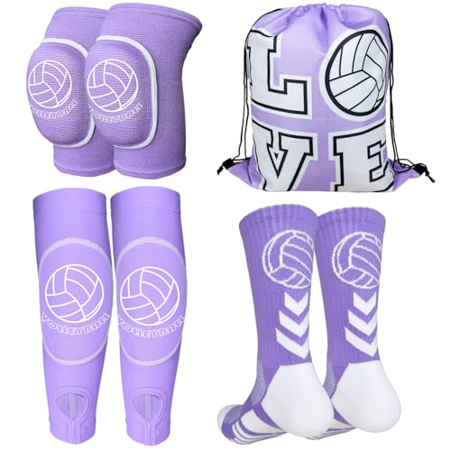 Popuid Youth Volleyball Gears Knee Pads Arm Sleeves Socks Drawstring Bag for Youth Teen Girls VolleyBall Training and Games Purple Small - Image 1