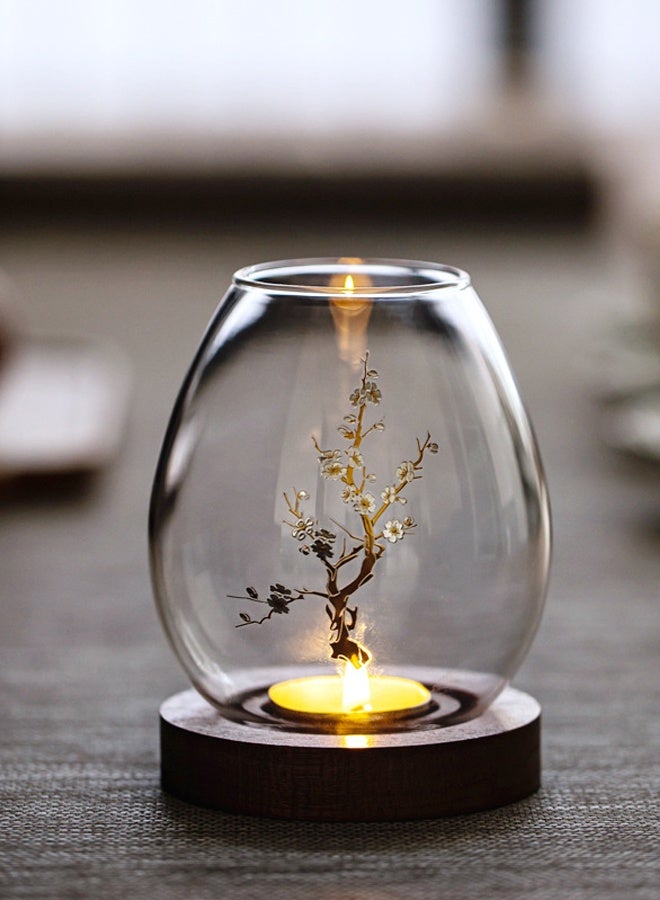 هومستر حاملين شمعة Tealight الزجاج الشفاف ، ريترو البرقشة زهرة الديكور الشموعة مع قاعدة خشبية - مقاومة للرياح الحرق والشفافية العالية - مثالية للديكور المنزلي غطاء كأس شمعة مقاومة للرياح - Image 1