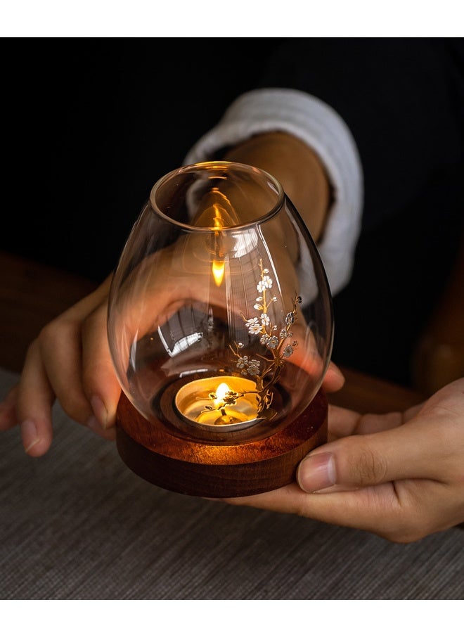 هومستر حاملين شمعة Tealight الزجاج الشفاف ، ريترو البرقشة زهرة الديكور الشموعة مع قاعدة خشبية - مقاومة للرياح الحرق والشفافية العالية - مثالية للديكور المنزلي غطاء كأس شمعة مقاومة للرياح - Image 2