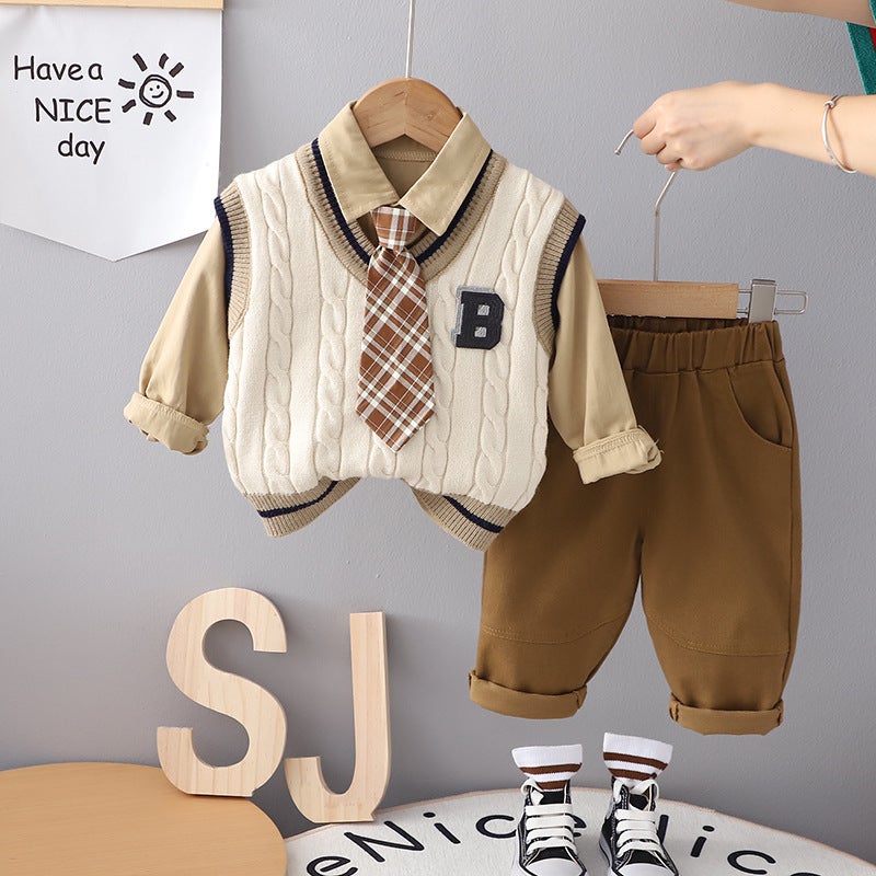 Boys Stylish Knit Sweater Set Autumn 2023 Long-sleeved tie B- shaped sweater three-piece beige