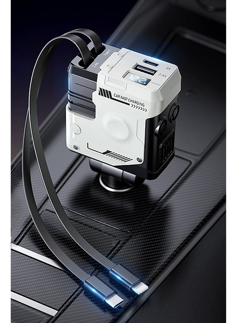 شاحن سيارة ١٠٠ واط، شاحن هواتف ٤ في ١ USB PD، شحن سريع Type-C مع كبلين قابلين للسحب، شاحن سيارة ١٢/٢٤ فولت متوافق مع آيفون برو ماكس وجالكسي وسامسونج وأندرويد - Image 1