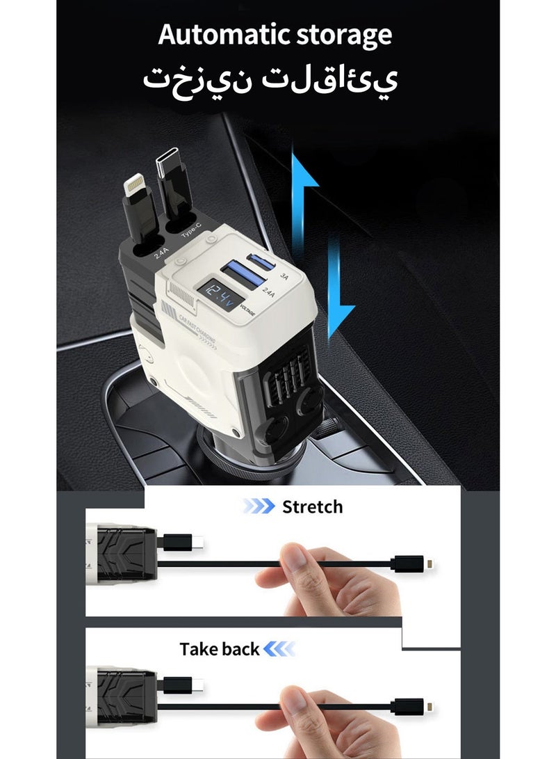 شاحن سيارة ١٠٠ واط، شاحن هواتف ٤ في ١ USB PD، شحن سريع Type-C مع كبلين قابلين للسحب، شاحن سيارة ١٢/٢٤ فولت متوافق مع آيفون برو ماكس وجالكسي وسامسونج وأندرويد - Image 3