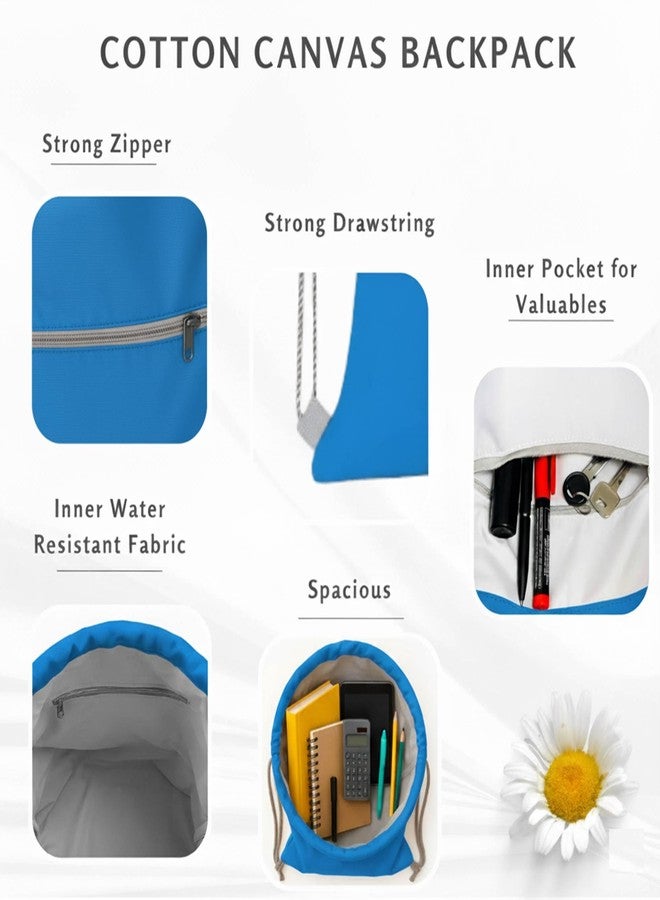 Lify Cotton Canvas Drawstring Backpack with Zippered Pockets - Gym, Travel & Outdoor Cinch Sack for Men, Women & Kids (1 Piece) (Blue (Firozi)) - Image 3