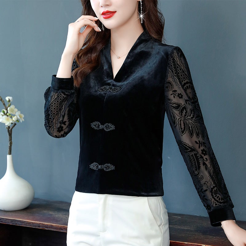2023 Gold Velvet Vintage Buckle Elegant Slim Slimming Top Lace Stitching All-Match Small Shirt - Image 4
