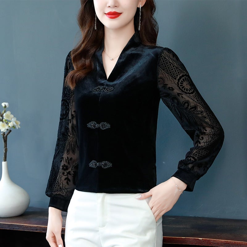 2023 Gold Velvet Vintage Buckle Elegant Slim Slimming Top Lace Stitching All-Match Small Shirt - Image 5