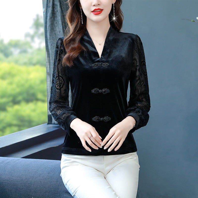 2023 Gold Velvet Vintage Buckle Elegant Slim Slimming Top Lace Stitching All-Match Small Shirt - Image 2