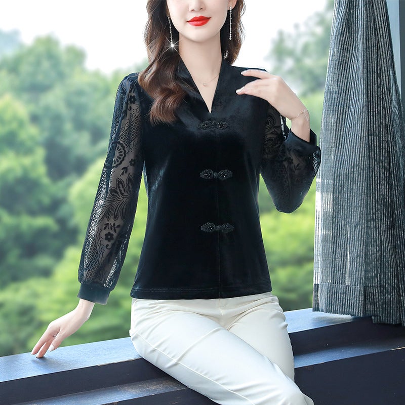 2023 Gold Velvet Vintage Buckle Elegant Slim Slimming Top Lace Stitching All-Match Small Shirt - Image 3