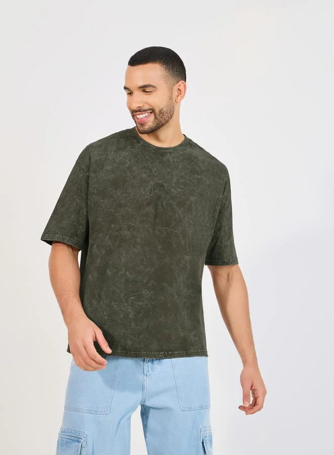Styli Acid Washed Oversized T-Shirt with Rose Embroidery Detail