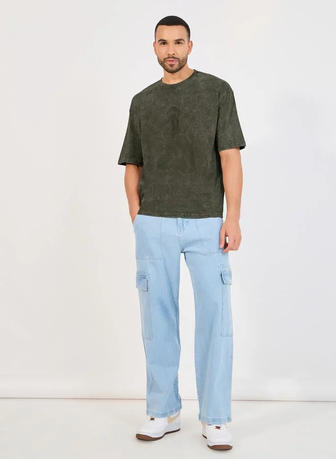Styli Acid Washed Oversized T-Shirt with Rose Embroidery Detail