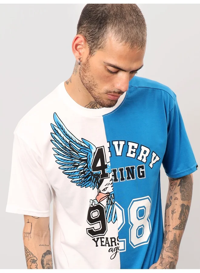 بيونغ White-Blue Color Block Oversized T-shirt for Men