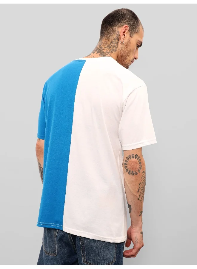 بيونغ White-Blue Color Block Oversized T-shirt for Men