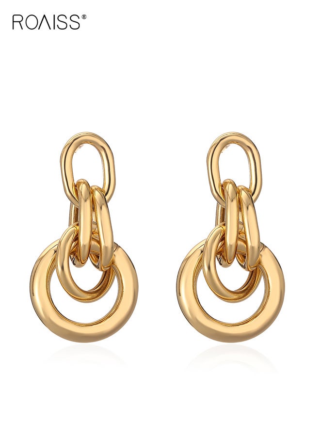 رويس أقراط ذهبية نسائية، أقراط مرصعة متعددة الحلقات بتصميم ثلاثي الأبعاد، أقراط متدلية أنيقة بلون واحد، أقراط مطلية بالذهب بتصميم فريد ومتعددة الاستخدامات - Image 2