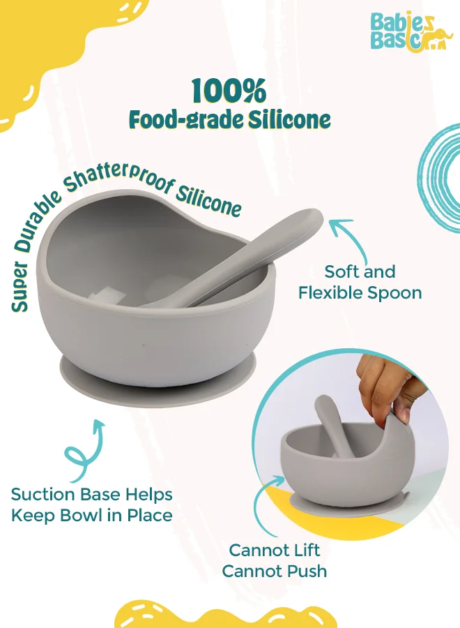 Babies Basic Feeding Set, 2 Pieces, Silicone Set For Self Feeding, Easy To Grip Silicone Spoon , Strong Suction Silicone Bowl - Grey