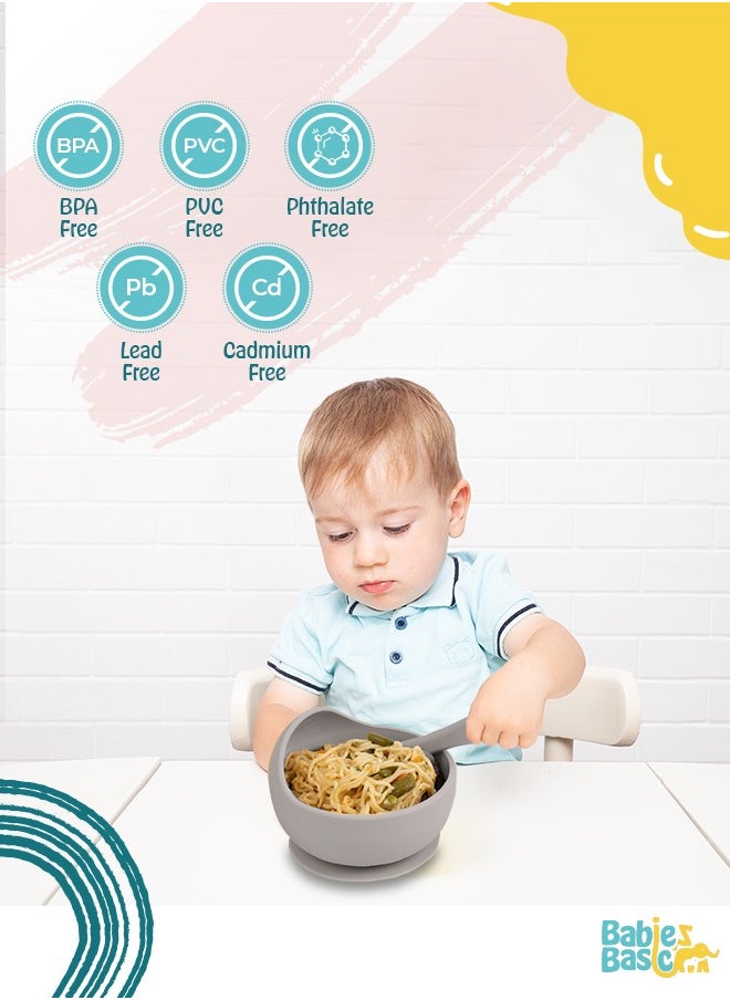Babies Basic Feeding Set, 2 Pieces, Silicone Set For Self Feeding, Easy To Grip Silicone Spoon , Strong Suction Silicone Bowl - Grey  - Image 3