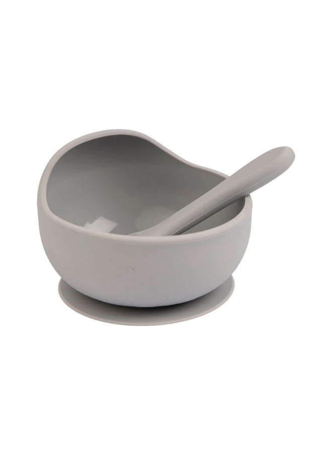 Babies Basic Feeding Set, 2 Pieces, Silicone Set For Self Feeding, Easy To Grip Silicone Spoon , Strong Suction Silicone Bowl - Grey  - Image 1