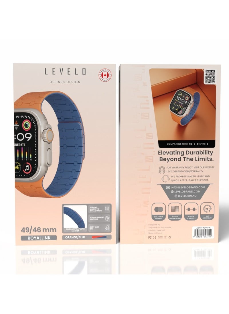 LEVELO - RoyalLink Silicone Watch Strap for Apple Watch 49MM / Dual-Color Design / Convenient to Wear - Orange/Blue - Image 1
