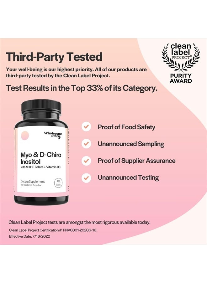 Wholesome Story - Myo-Inositol & D-Chiro Inositol Capsules with MTHF, Folate, Vitamin D | Support for Ovarian Function, Hormone Balance, & Homocysteine Levels | Fertility Supplements for Women | 360 Count 40:1 Ratio - Image 1