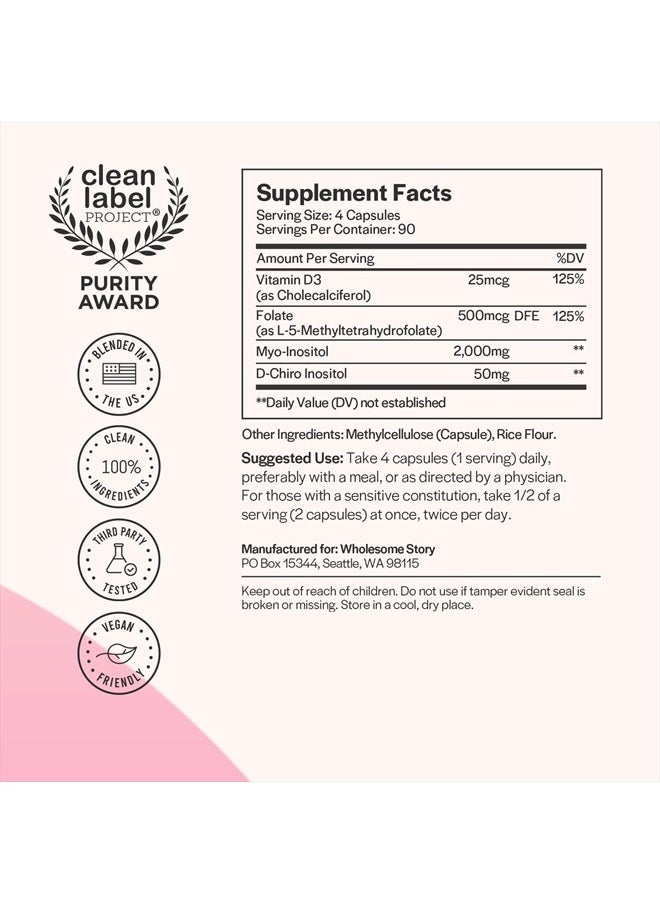 Wholesome Story - Myo-Inositol & D-Chiro Inositol Capsules with MTHF, Folate, Vitamin D | Support for Ovarian Function, Hormone Balance, & Homocysteine Levels | Fertility Supplements for Women | 360 Count 40:1 Ratio - Image 1
