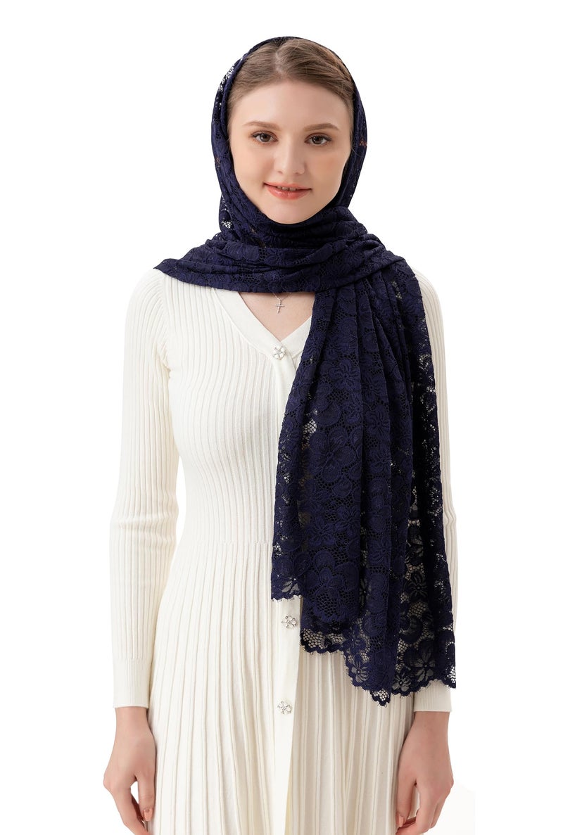 PAMOR Women Rectangular Chapel Veil Scarf Catholic Church Veils Mantilla Wrap Shawl Mass Head Covering (Navy Blue) - Image 1